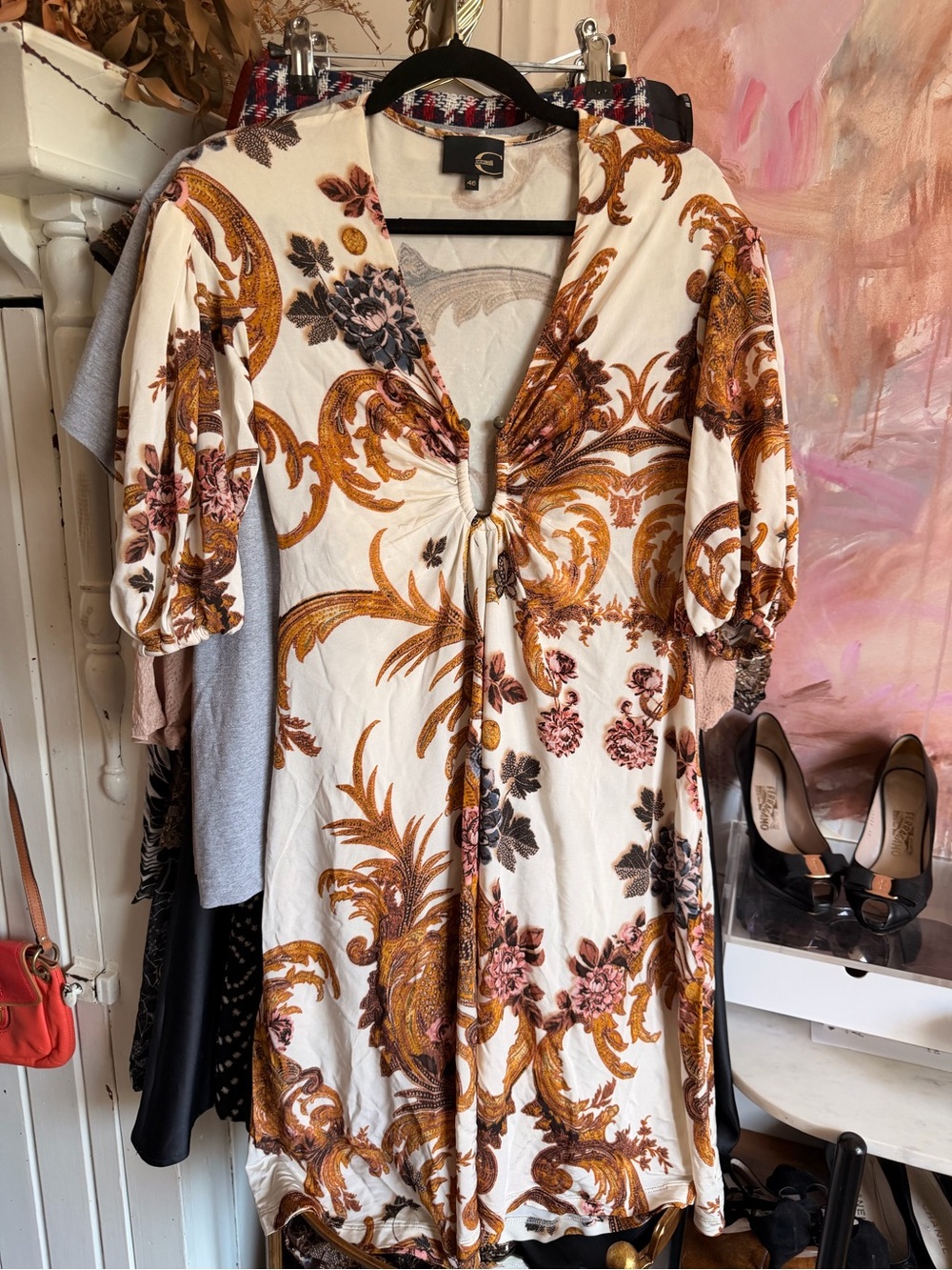 Just Cavalli Cream Midi Dress with Mustard and Brown Baroque Print